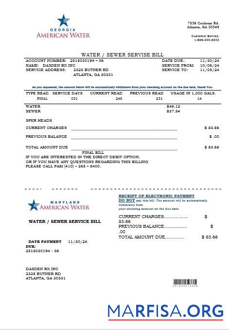 Printable USA Maryland Georgia Water business utility bill template in Word and PDF formats